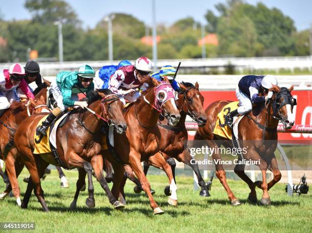 Mark Zahra riding Stratum Star defeats Damian Lane riding Humidor in Race 6, Peter Young Stakes during Melbourne Racing at Caulfield Racecourse on...