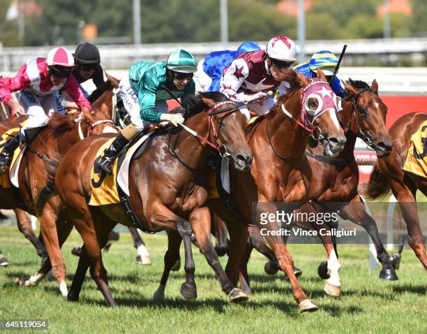 Mark Zahra riding Stratum Star defeats Damian Lane riding Humidor in Race 6, Peter Young Stakes during Melbourne Racing at Caulfield Racecourse on...