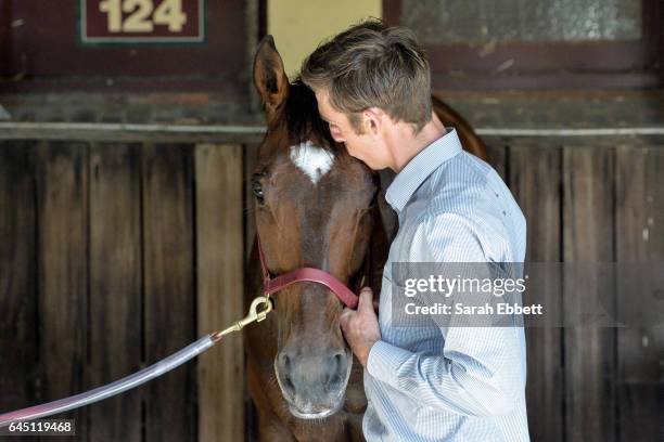 Black Heart Bart with strapper Tyson Kermond after winning the italktravel Futurity Stakes at Caulfield Racecourse on February 25, 2017 in Caulfield,...