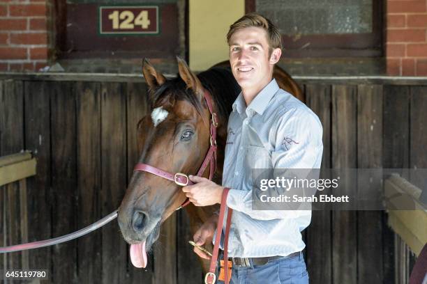 Black Heart Bart with strapper Tyson Kermond after winning the italktravel Futurity Stakes at Caulfield Racecourse on February 25, 2017 in Caulfield,...