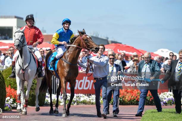 Black Heart Bart ridden by Brad Rawiller returns after winning the italktravel Futurity Stakes at Caulfield Racecourse on February 25, 2017 in...