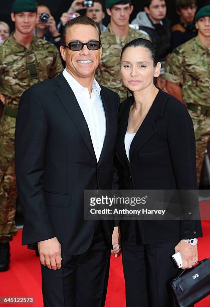 Jean-Claude Van Damme and Gladys Portugues attend The Expendables 2 Premiere on August 13, 2012 at the Empire Cinema, Leicester Square in London.