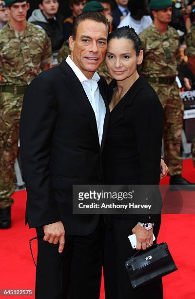 Jean-Claude Van Damme and Gladys Portugues attend The Expendables 2 Premiere on August 13, 2012 at the Empire Cinema, Leicester Square in London.