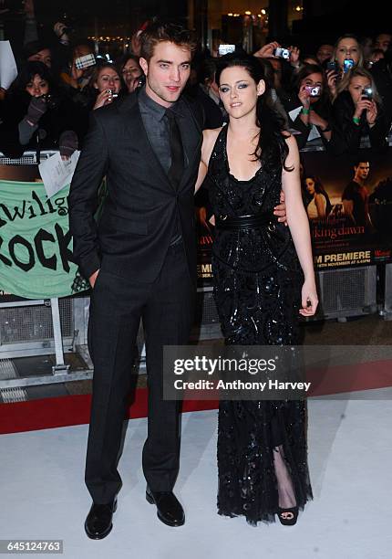 Robert Pattinson and Kristen Stewart attend the UK premiere of The Twilight Saga: Breaking Dawn Part 1 at Westfield Stratford City on November 16,...
