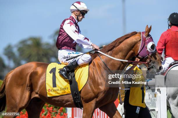 Stratum Star ridden by Mark Zahra heads to the barrier before the Crown Lager Peter Young Stakes at Caulfield Racecourse on February 25, 2017 in...