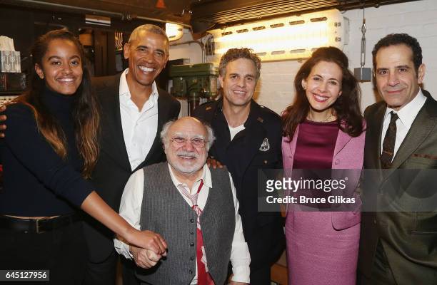 Malia Obama, The 44th President of The United States Barack Obama, Danny DeVito, Mark Ruffalo, Jessica Hecht and Tony Shalhoub pose backstage at The...