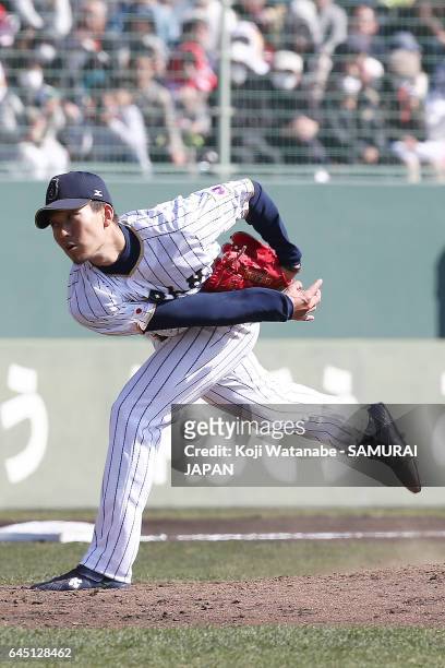 Kohdai Senga of Samurai Japan pitches in the fourth inning during the SAMURAI JAPAN Friendly Opening Match between SAMURAI JAPAN and Fukuoka SoftBank...
