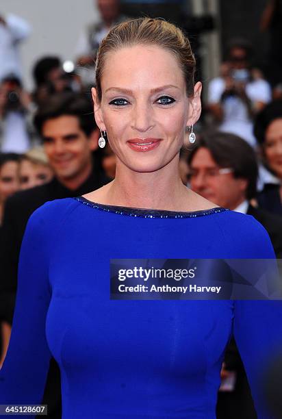 Actress Uma Thurman attends the 'Les Bien-Aimes' Premiere and Closing Ceremony at the Palais des Festivals during the 64th Cannes Film Festival on...