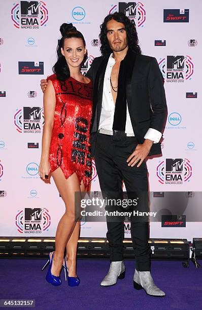 Singer Katy Perry and Russell Brand attend the MTV EMA Awards at the Caja Magica in Madrid on November 7, 2010.