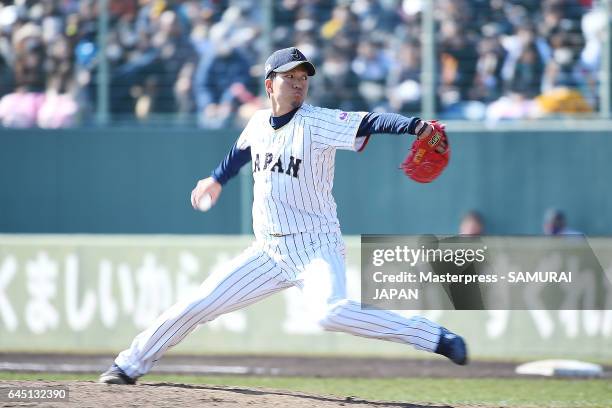 Kohdai Senga of Samurai Japan pitches in the fifth inning during the SAMURAI JAPAN Friendly Opening Match between SAMURAI JAPAN and Fukuoka SoftBank...