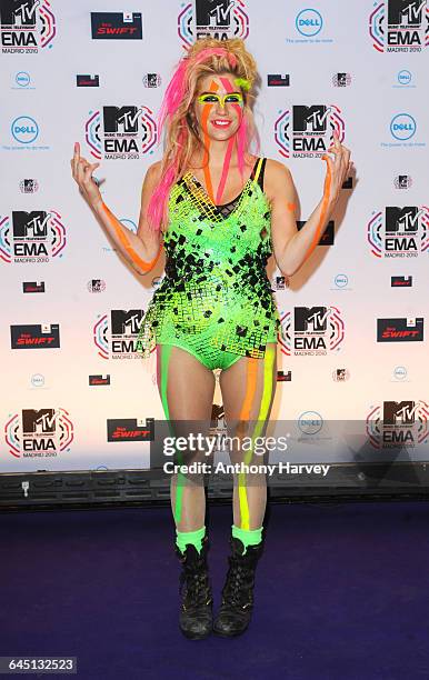Singer Ke$ha in the Photoroom at the MTV EMA Awards at the Caja Magica in Madrid on November 7, 2010.