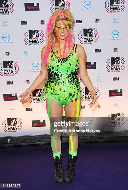 Singer Ke$ha in the Photoroom at the MTV EMA Awards at the Caja Magica in Madrid on November 7, 2010.