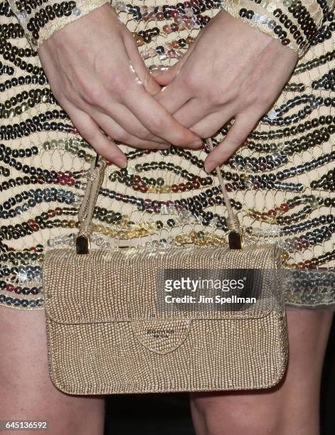 Actress Paten Hughes, bag detail, attends the "Logan" New York screening at Rose Theater, Jazz at Lincoln Center on February 24, 2017 in New York...