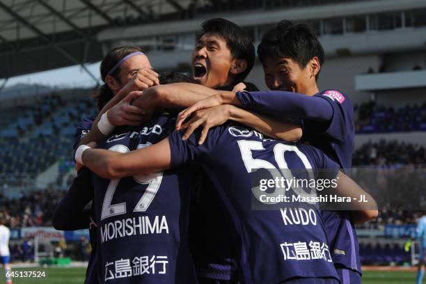 Masato Kudo of Sanfrecce Hiroshima celebrates scoring the opening goal with his team mates Mihael Mikic , Tsukasa Morishima , Hiroki Mizumoto and...