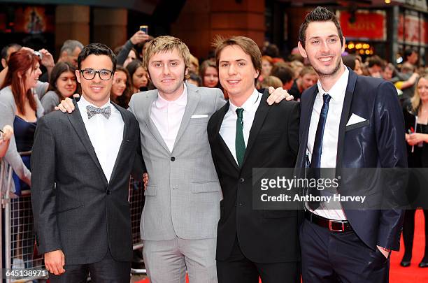 Actors James Buckley, Simon Bird, Joe Thomas and Blake Harrison attend the world film premiere of The Inbetweeners Movie at Vue West End on August...