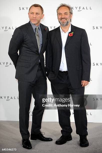 Daniel Craig and Director Sam Mendes attend the photocall for the 23rd James Bond film, Skyfall on November 3, 2011 at the Massimo Restaurant in...