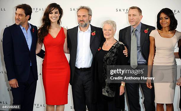 Javier Bardem, Berenice Marlohe, Sam Mendes, Dame Judi Dench, Daniel Craig and Naomie Harris attend the photocall for the 23rd James Bond film,...