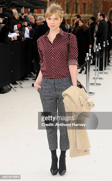 Clemence Poesy attends the Burberry Autumn Winter 2012 Womenswear Front Row during London Fashion Week at Kensington Gardens on February 20, 2012 in...