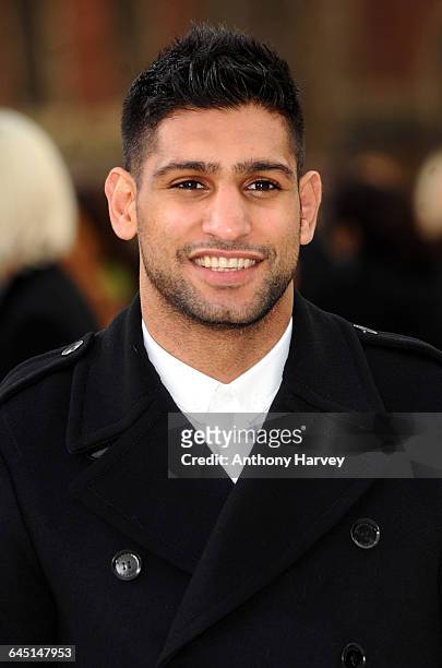 Amir Khan attends the Burberry Autumn Winter 2012 Womenswear Front Row during London Fashion Week at Kensington Gardens on February 20, 2012 in...