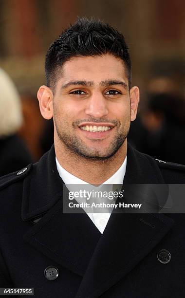 Amir Khan attends the Burberry Autumn Winter 2012 Womenswear Front Row during London Fashion Week at Kensington Gardens on February 20, 2012 in...