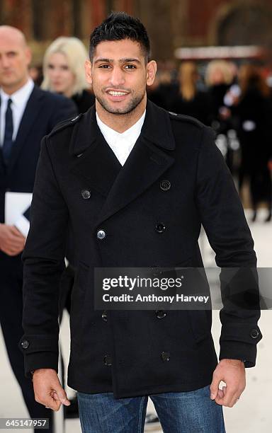 Amir Khan attends the Burberry Autumn Winter 2012 Womenswear Front Row during London Fashion Week at Kensington Gardens on February 20, 2012 in...