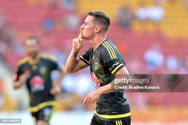 Shane Smeltz of the Phoenix celebrates scoring a goal during the round 21 A-League match between the Brisbane Roar and the Wellington Phoenix at...