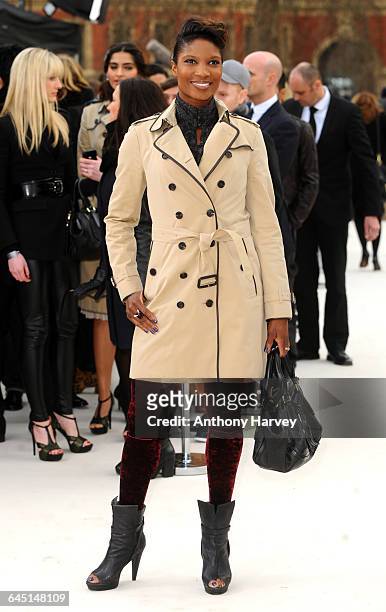 Denise Lewis attends the Burberry Autumn Winter 2012 Womenswear Front Row during London Fashion Week at Kensington Gardens on February 20, 2012 in...