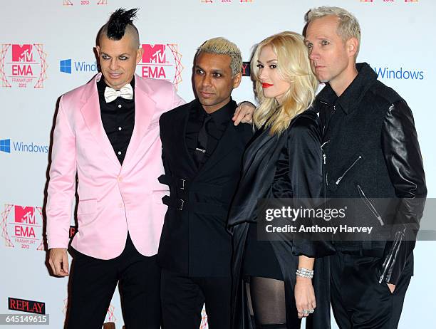 Drummer Adrian Young, Bassist Tony Kanal, singer Gwen Stefani and guitarist Tom Dumont of No Doubt attend the MTV EMA's 2012 at Festhalle Frankfurt...