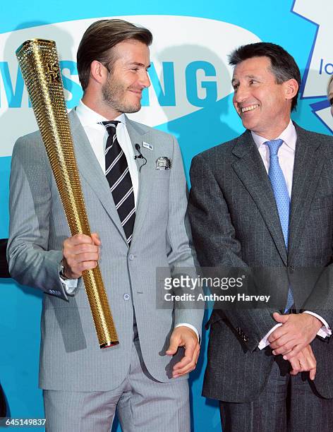 David Beckham and Lord Seb Coe attend a photocall for Everyone's Olympic Games with Samsung at East Wintergarden on June 13, 2011 in London.