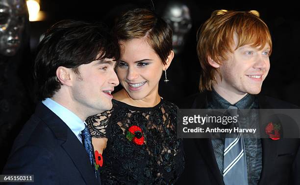 Actor Daniel Radcliffe, Emma Watson and Rupert Grint attend the 'Harry Potter and the Deathly Hallows Part 1' World Premiere at the Odeon Cinema,...