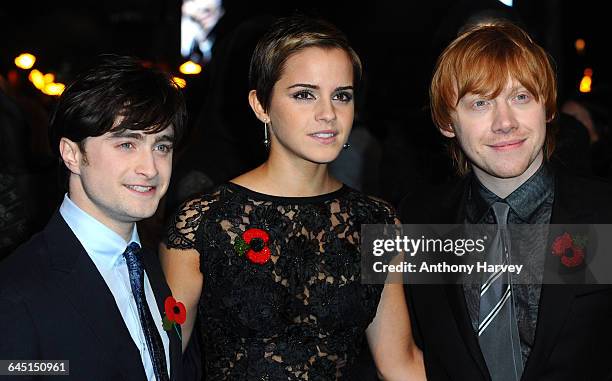 Actor Daniel Radcliffe, Emma Watson and Rupert Grint attend the 'Harry Potter and the Deathly Hallows Part 1' World Premiere at the Odeon Cinema,...