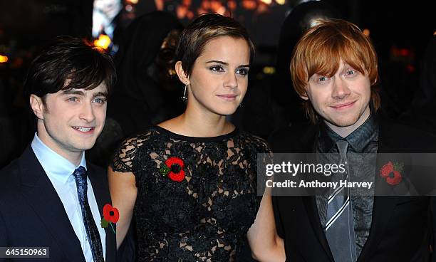 Actor Daniel Radcliffe, Emma Watson and Rupert Grint attend the 'Harry Potter and the Deathly Hallows Part 1' World Premiere at the Odeon Cinema,...
