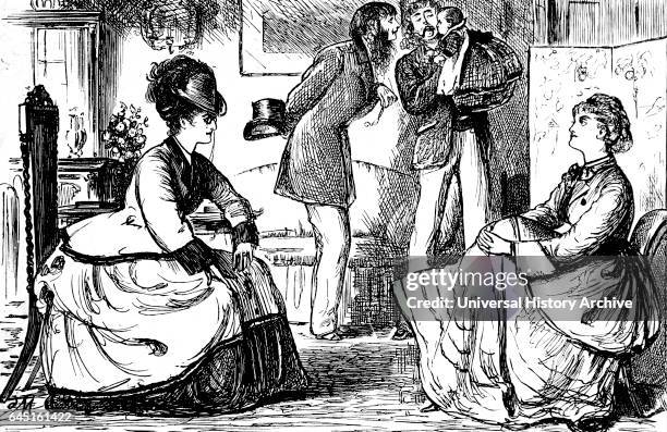 George du Maurier cartoon from 'Punch' Magazine, showing a social gathering of upper-class English couples as the women talk and the men look after a...