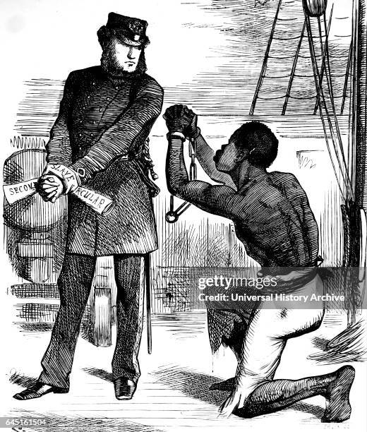 Slavery cartoon, Men and Brothers!! Fugitive slave. 'Take these off!'.