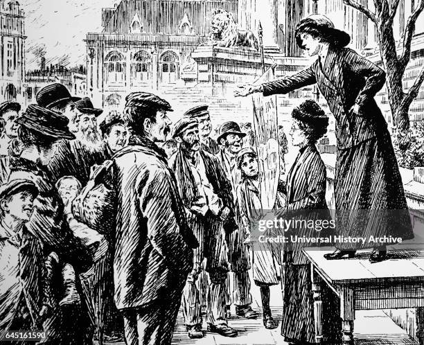 Suffragette addressing a London crowd, 1912. Suffragettes were members of women's organizations in the late-19th and early-20th centuries which...