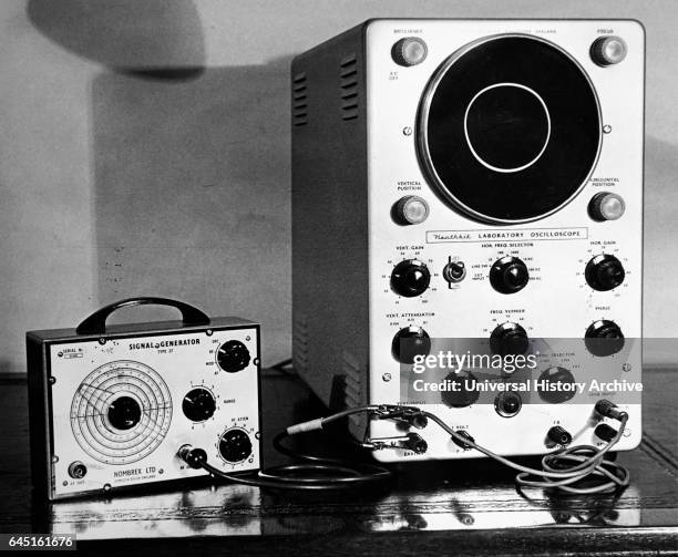 Oscilloscope and signal generator set up to give a Lissajous figure for two identical frequencies exactly 90 degrees out of phase.