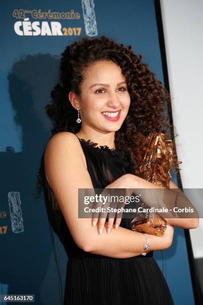 Actress Oulaya Amamra poses with her award at the Cesar Film Awards 2016 at Salle Pleyel on February 24, 2017 in Paris, France.