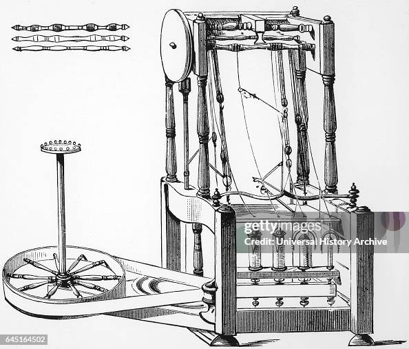 Water Frame Spring Diagram of Arkwright's water frame; 1878. The water frame is the name ...