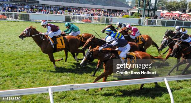 Stratum Star ridden by Mark Zahra wins the Crown Lager Peter Young Stakes at Caulfield Racecourse on February 25, 2017 in Caulfield, Australia.