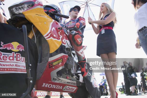Stefan Bradl of Germany and Red Bull Honda World Superbike team prepares to start on the grid during the Race 1 during round one of the FIM World...