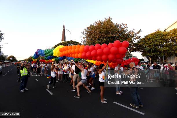 The Pride Parade makes its way down Ponsonby Road on February 25, 2017 in Auckland, New Zealand. The Auckland Pride Parade is part of the annual...
