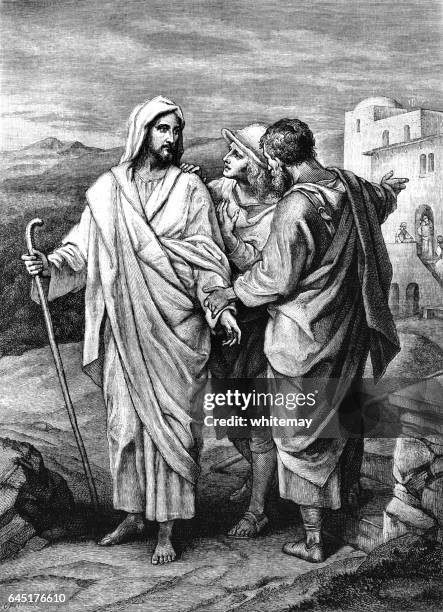 jesus meeting two disciples at emmaus - victorian engraving - emmaus stock illustrations