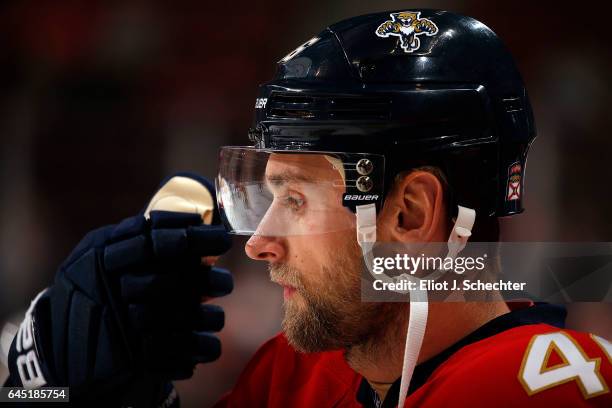 Jakub Kindl of the Florida Panthers on the ice during warm ups prior to the start of the game against the Edmonton Oilers at the BB&T Center on...