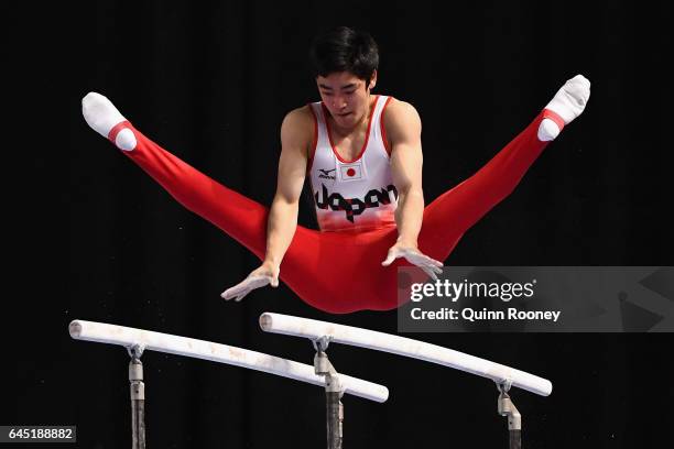 Kenzo Shirai of Japan performs on the Parrallel Bars during the World Cup Gymnastics at Hisense Arena on February 25, 2017 in Melbourne, Australia.