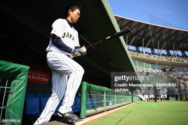 Shogo Akiyama of Japan looks on prior to the SAMURAI JAPAN Friendly Opening Match between SAMURAI JAPAN and Fukuoka SoftBank HAWKS at the Sun Marine...