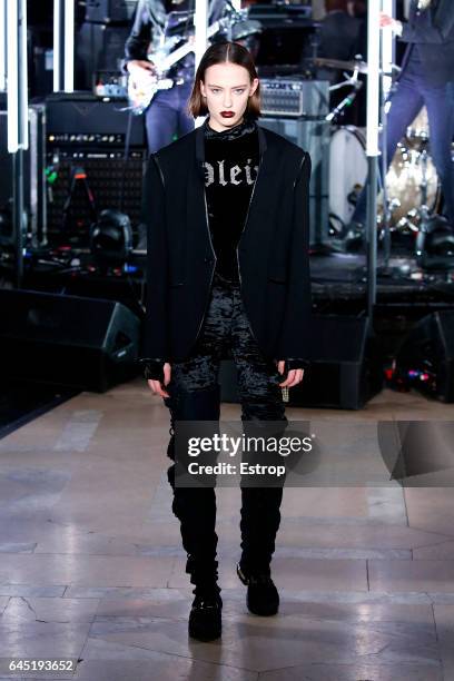 Model walks the runway at the Philipp Plein show during the New York Fashion Week February 2017 collections on February 13, 2017 in New York City.