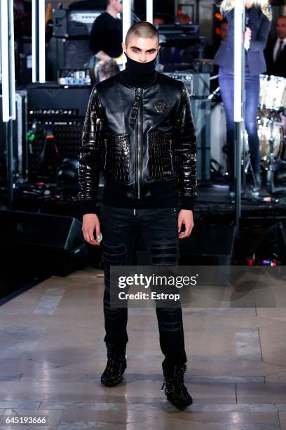 Model walks the runway at the Philipp Plein show during the New York Fashion Week February 2017 collections on February 13, 2017 in New York City.