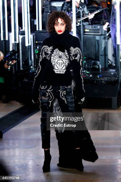 Model walks the runway at the Philipp Plein show during the New York Fashion Week February 2017 collections on February 13, 2017 in New York City.