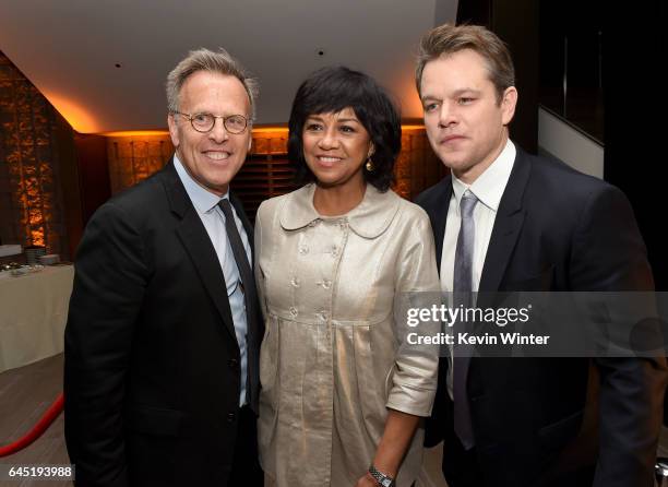 Producer and Academy Governor Mark Johnson, Cheryl Boone Isaacs, President, AMPAS and actor Matt Damon pose at the 89th Annual Academy Awards'...