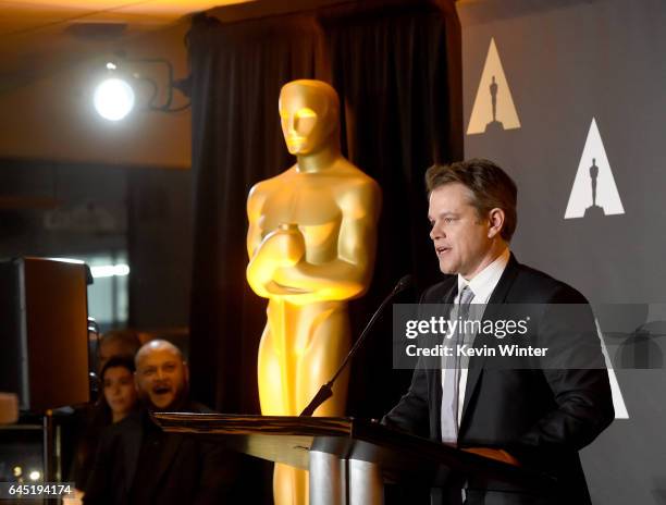 Actor Matt Damon speaks onstage at the 89th Annual Academy Awards' Foreign Language Reception at the Academy of Motion Picture Arts and Sciences on...